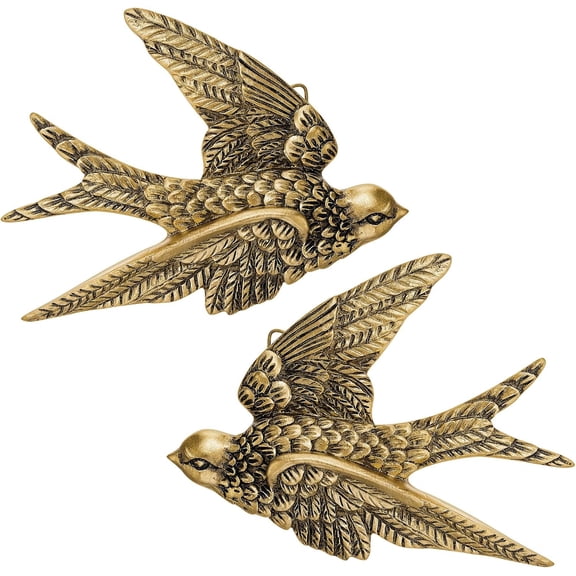 2 Pcs Vintage Bird Wall Sculpture Decor Art 4.7 Inch Antique 3D Sculpted Hanging Bird Resin Wall Art Golden Brass Floating Ornament for Living Room Garden Outdoor, Valentine's Day Gifts for Couples