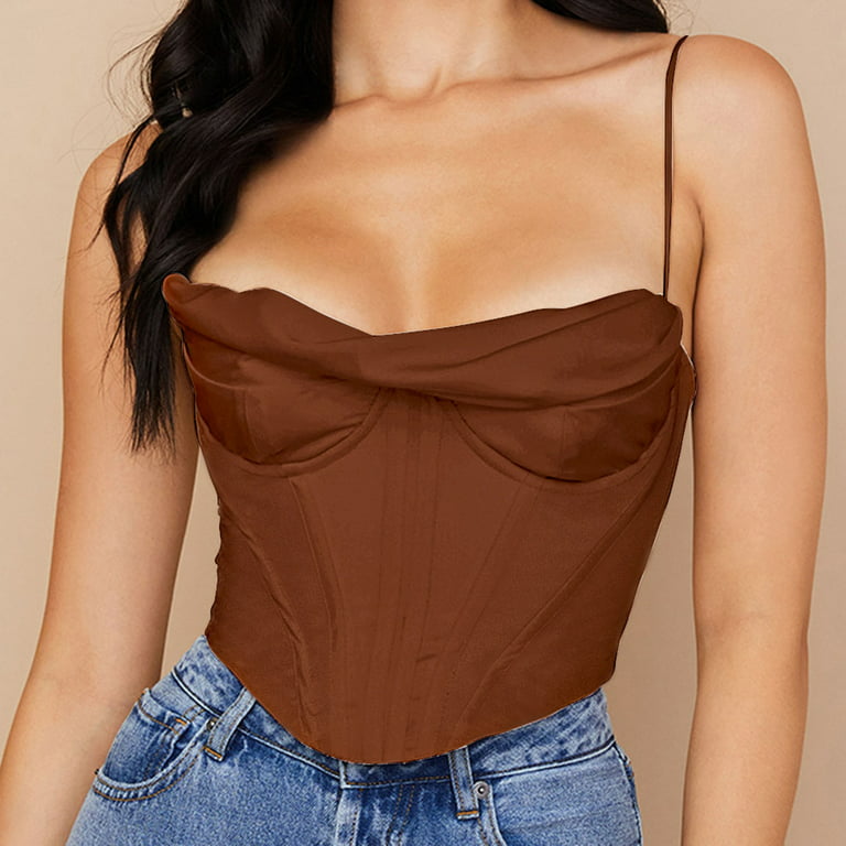 RQYYD Clearance Women's Vintage Bustier Satin Cowl Neck Boned Adjustable  Spaghetti Straps Corset Tops Sexy Casual Going Out Party Crop Top Brown S