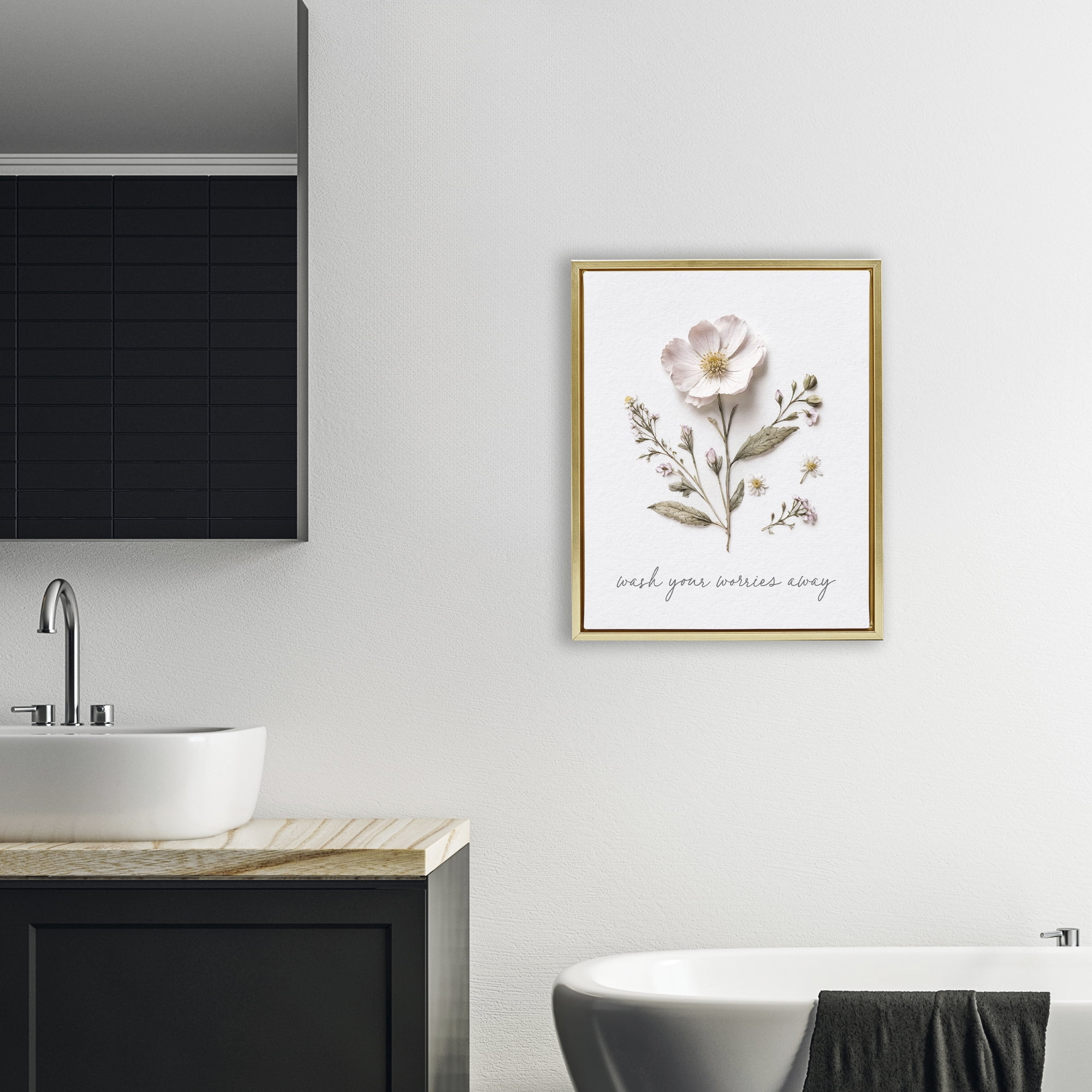 Pressed Flower Wash Worries Away Gold Framed Floater Canvas Wall Art, design by Lettered and Lined