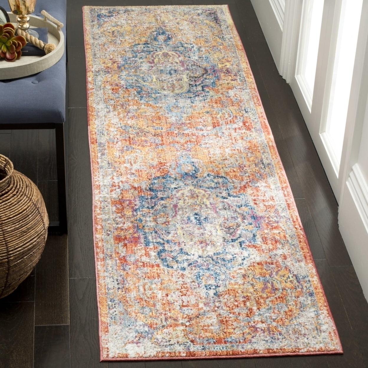 SAFAVIEH Bristol Waverly Oriental Polyester Area Rug, Blue/Orange, 7' x 7' Square