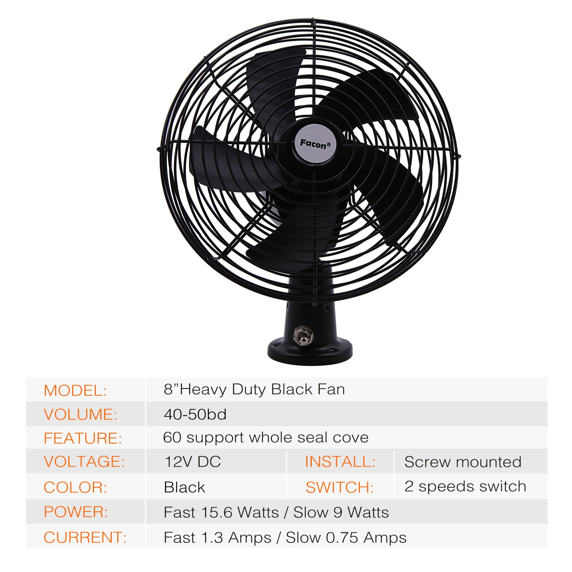 Facon 12V RV Cooling Fan with 2 Speed Switch, Dia: 8-3/4’’, Heavy Duty Black Metal Car Fan, for Auto Truck, RV, Camper, Trailer, Car, Buses and Boats ( Pack of 2 )