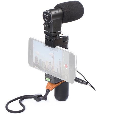 Movo Smartphone Grip Handle Microphone Rig with Stereo Mic, Wrist Strap, Tripod Mount