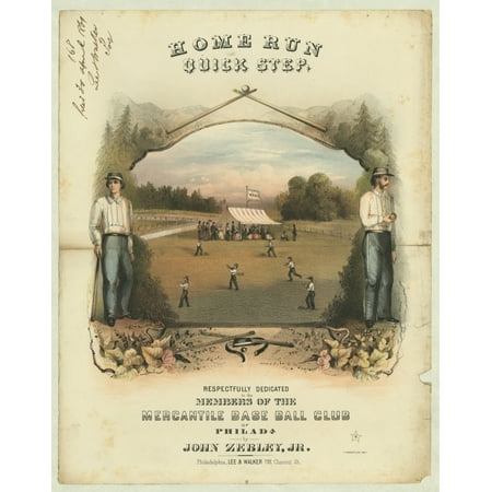 Home run quick step - respectfully dedicated to the members of the Mercantile Baseball Club of Philadelphia Sheet music cover for piano showing baseball players on the field and spectators under the