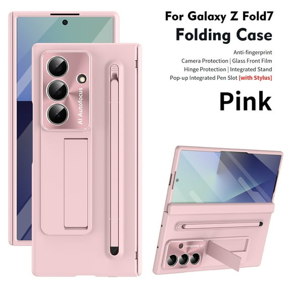 TECH CIRCLE for Samsung Galaxy Z Fold 6 Hard PC Shockproof Hinge Case with Stylus Holder, Rugged with Tempered Glass Screen Protector, Kickstand & Hinge Protection, Anti-Scratch Shockproof,Pink
