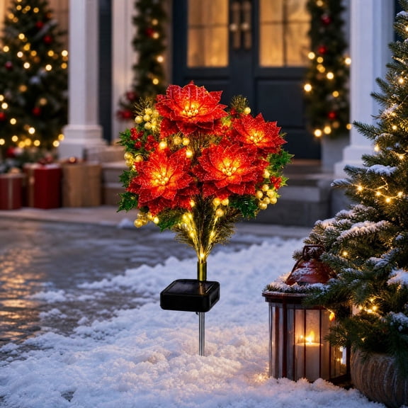OANLKGI Solar Powered Poinsettia Christmas Stake Light 27.56x11.81in LED Red Flower Ground Light Waterproof for Yard Lawn Patio Pathway Outdoor Christmas Holiday Decor