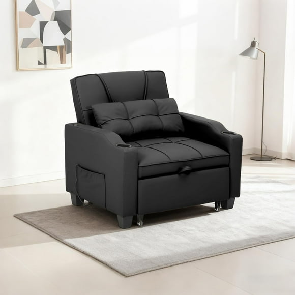 Convertible Sofa Bed, Iron Wood Structure, Multi Function Furniture,Faux Leather, Cement Gray