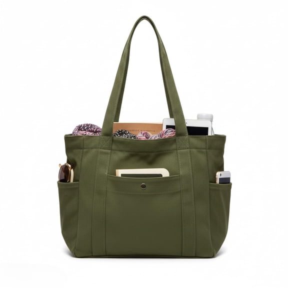 Medium Canvas Tote Bag with Zipper & Multi-Pocket, Heavy Duty Reusable Canvas Purse for Women Men Work Handbag