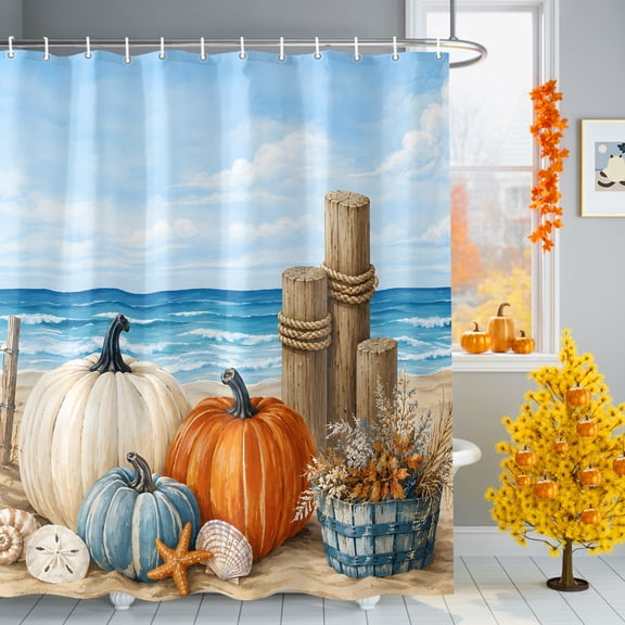 Fall Coastal Shower Curtain for Bathroom, Cream Orange Blue Pumpkins Starfish Nautical Waterproof Machine Washable Shower Curtain Set with Hooks, Bath Decoration for Home Bathtub Stall 36"x72"