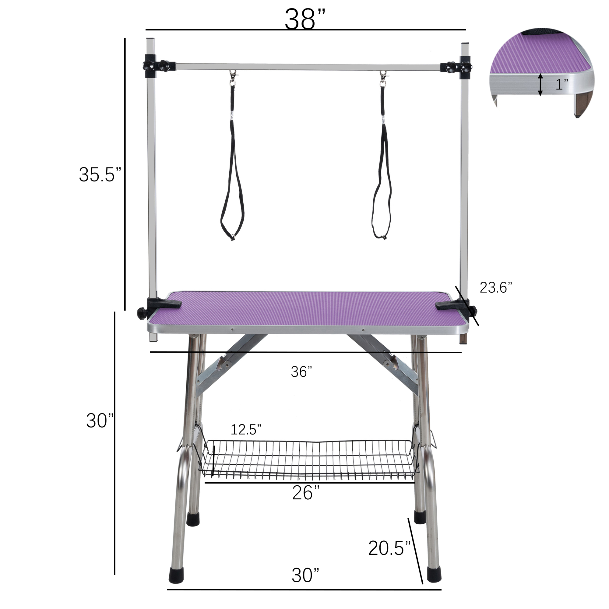 Leumius 36" Folding Pet Grooming Table with Adjustable Arm and Clamps Stainless Steel Frame for Dog and Cat Purple