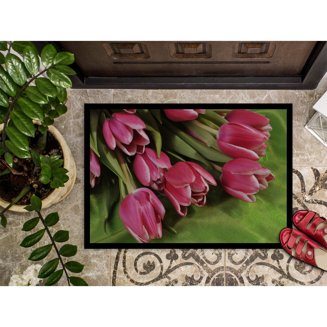 Carolines Treasures APH5048MAT Pink Tulips Door Mat Indoor Rug or Outdoor Welcome Mat 18x27 Doormat  27"L x 18"W