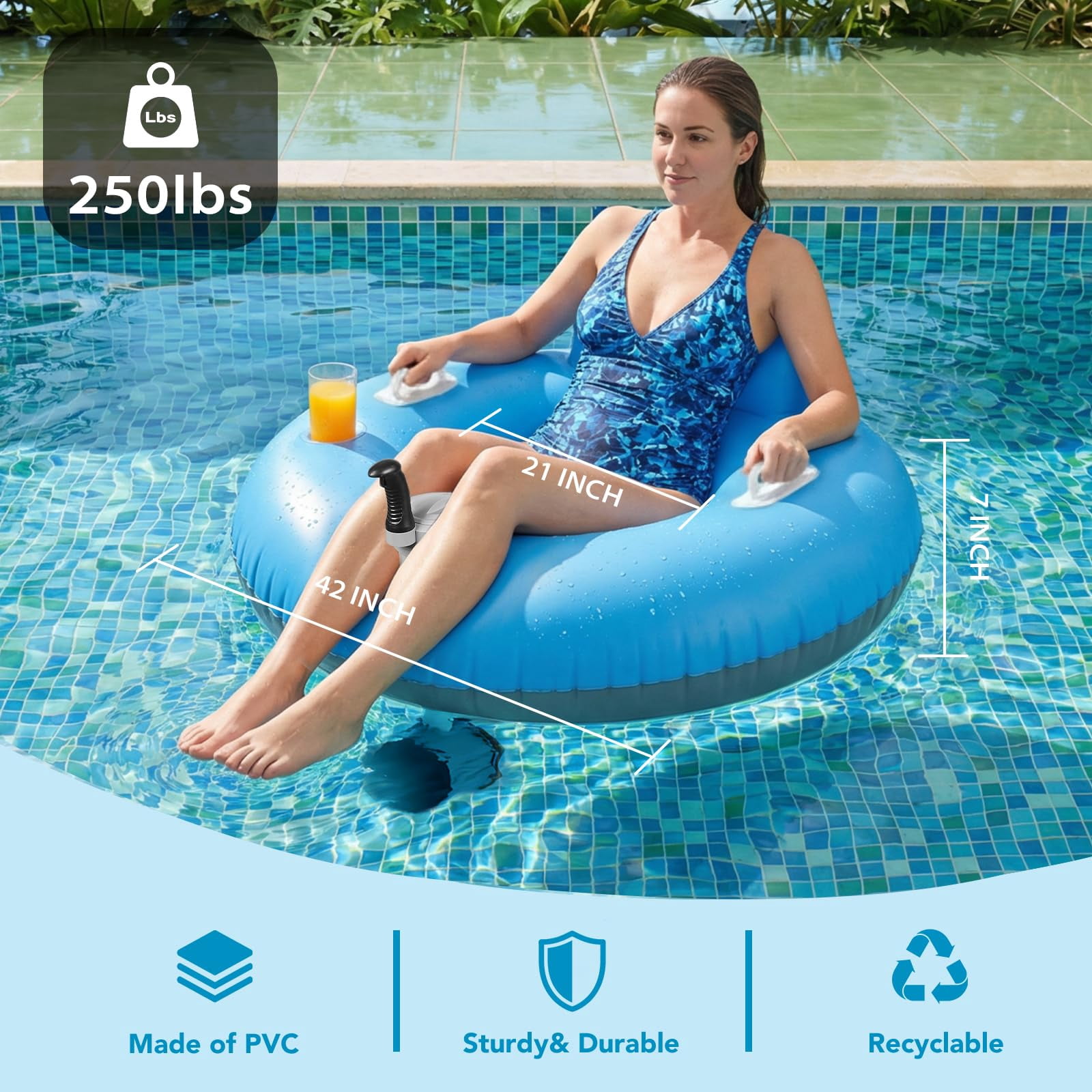 Foxlux Rechargeable & Inflatable Motorized Floats with Cup Holder – Single Motor Heavy Duty Electric Lounger Raft , Pool, Lake & Party Use