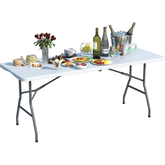 6 Foot Folding Table, Portable Outdoor Foldable Table w/Carrying Handle, Foldable White Tables for Camping Picnic Parties Indoor Events