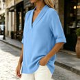 thumbnail image 6 of Women's Summer Shirts Casual Loose V-Neck Fixed Roll Cuff Short Sleeve Solid Color Blouses Lightweight cotton Linen Curved Hem Short Tops for Office Daily Wear, 6 of 7