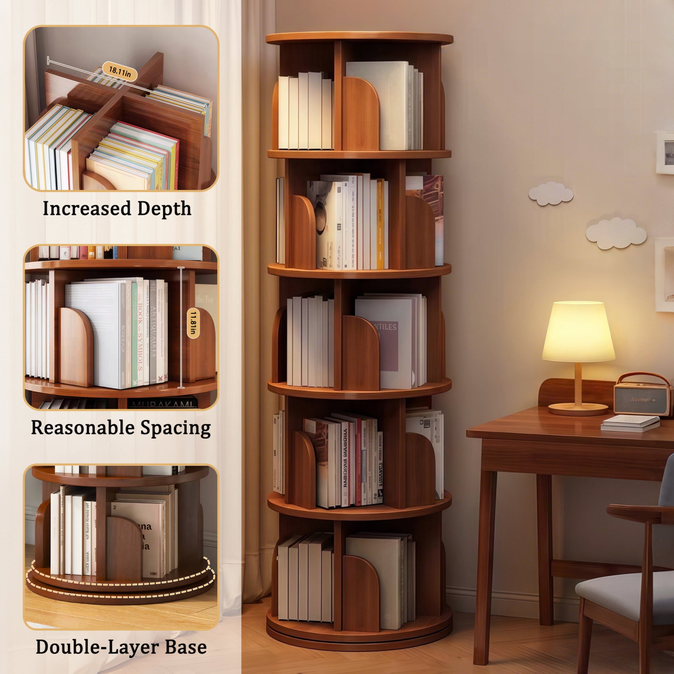 Noble House Pamela 5-Tier 360° Rotating Bookshelf, Round Display Tower, Space-Saving, for Home Office, Walnut