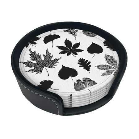 

Round Pu Leather Coaster Black And White Leaves Pattern Heat - Resistant Beverage Cup Mat-Fancy Decor For Kitchen Office Dining Room Table - Drink Protector 6-Slice