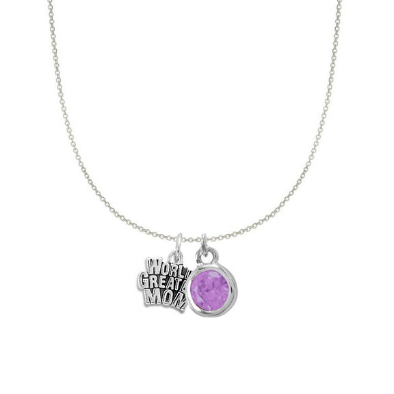 Precious Stars Sterling Silver World's Greatest Mom and February Birsthstone Charm Necklace
