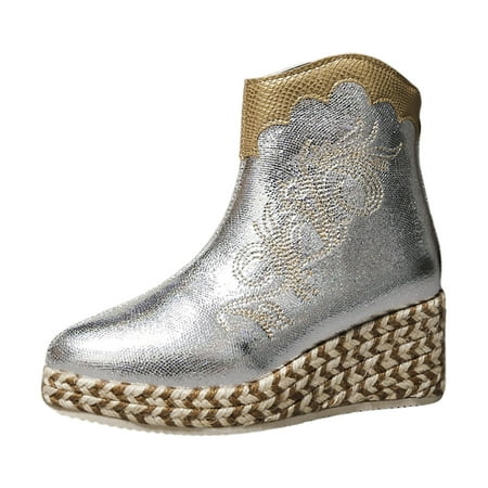 OJSFQUFP Womens Booties Ladies Shiny Round Toe Solid Shoes Short Wedge Slope Heel Large Size Vintage Western Zipper Boots Ankle Boots Shoe Boots for Women Silver 38