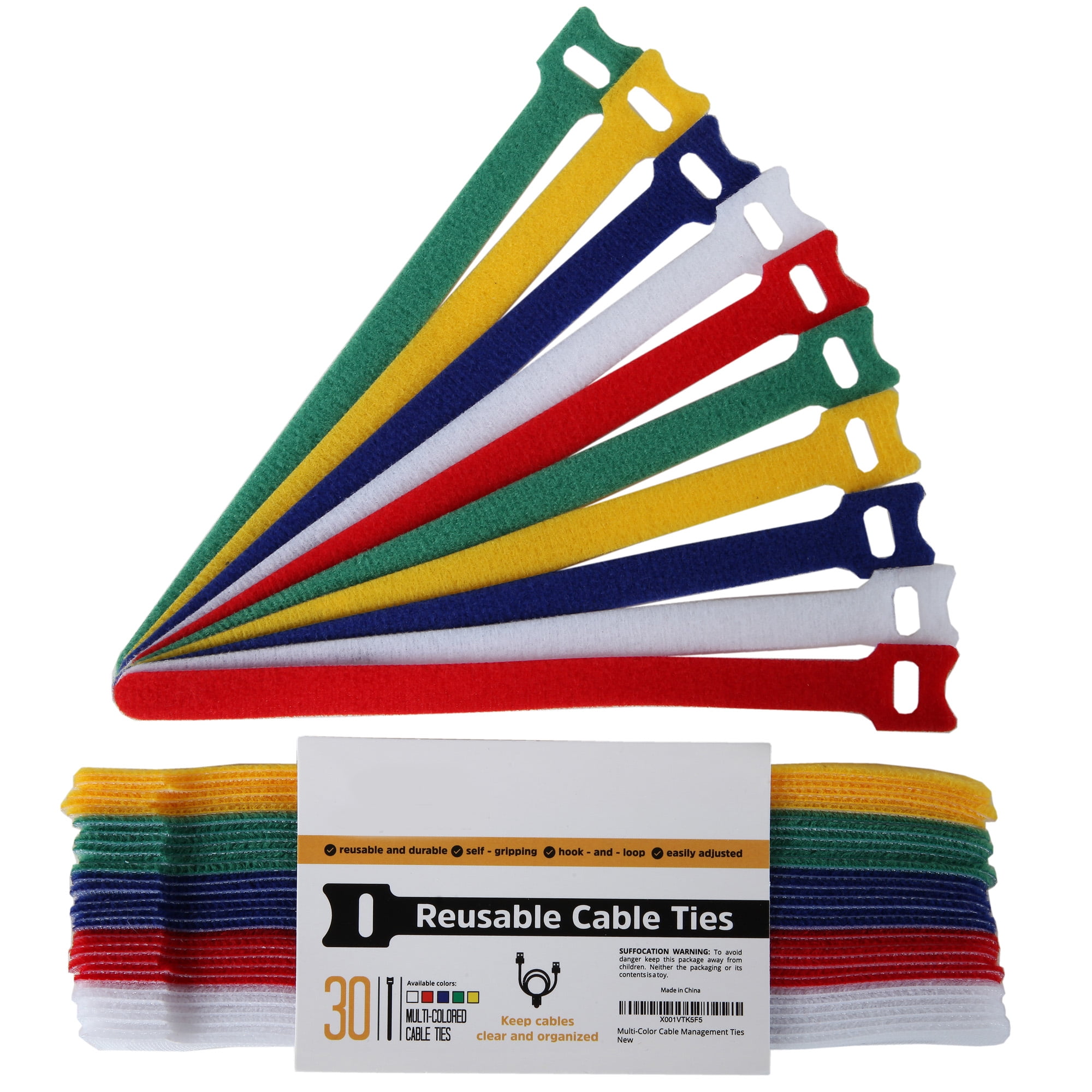 Cable Management Ties - (30) 8" Reusable Self-Gripping Cord Strapsby Edison Supply (Multi-Color)