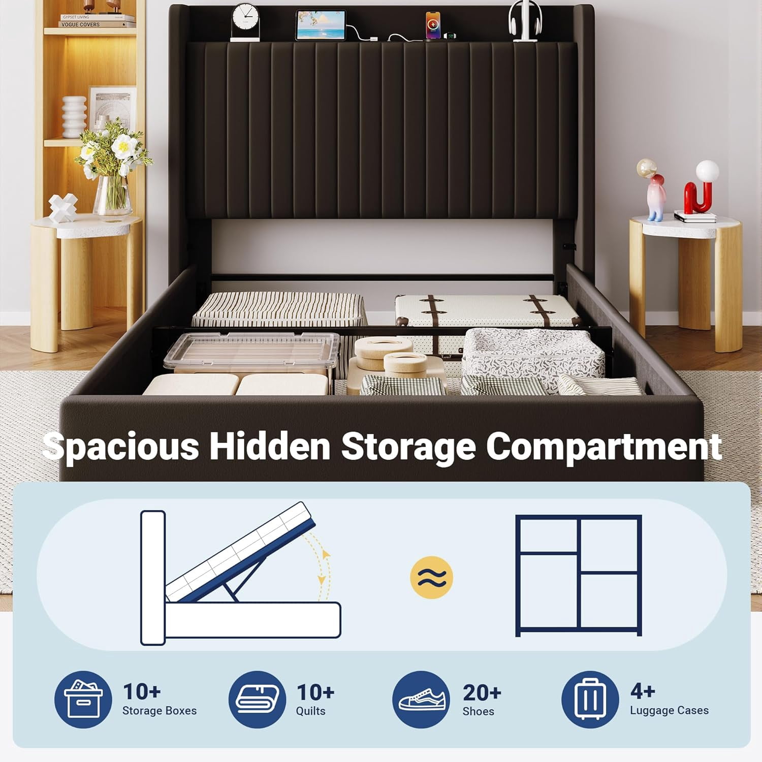 Allewie Queen Size Lift Up Storage Bed Frame, Storage Shelf Headboard with Charging Station, Type-C and USB Ports, Hydraulic Support, Velvet Upholstered Bed Frame, No Box Spring Needed, Black