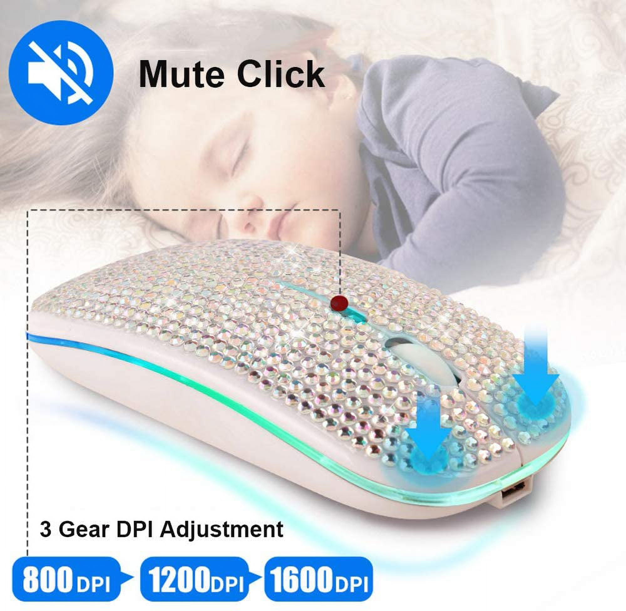 Bling Rhinestone Bluetooth Mouse, 2.4G Rechargeable Wireless Slim Mouse with USB Receiver, Sparkling Glitter Mouse for PC Laptop MacBook, Gift for Women