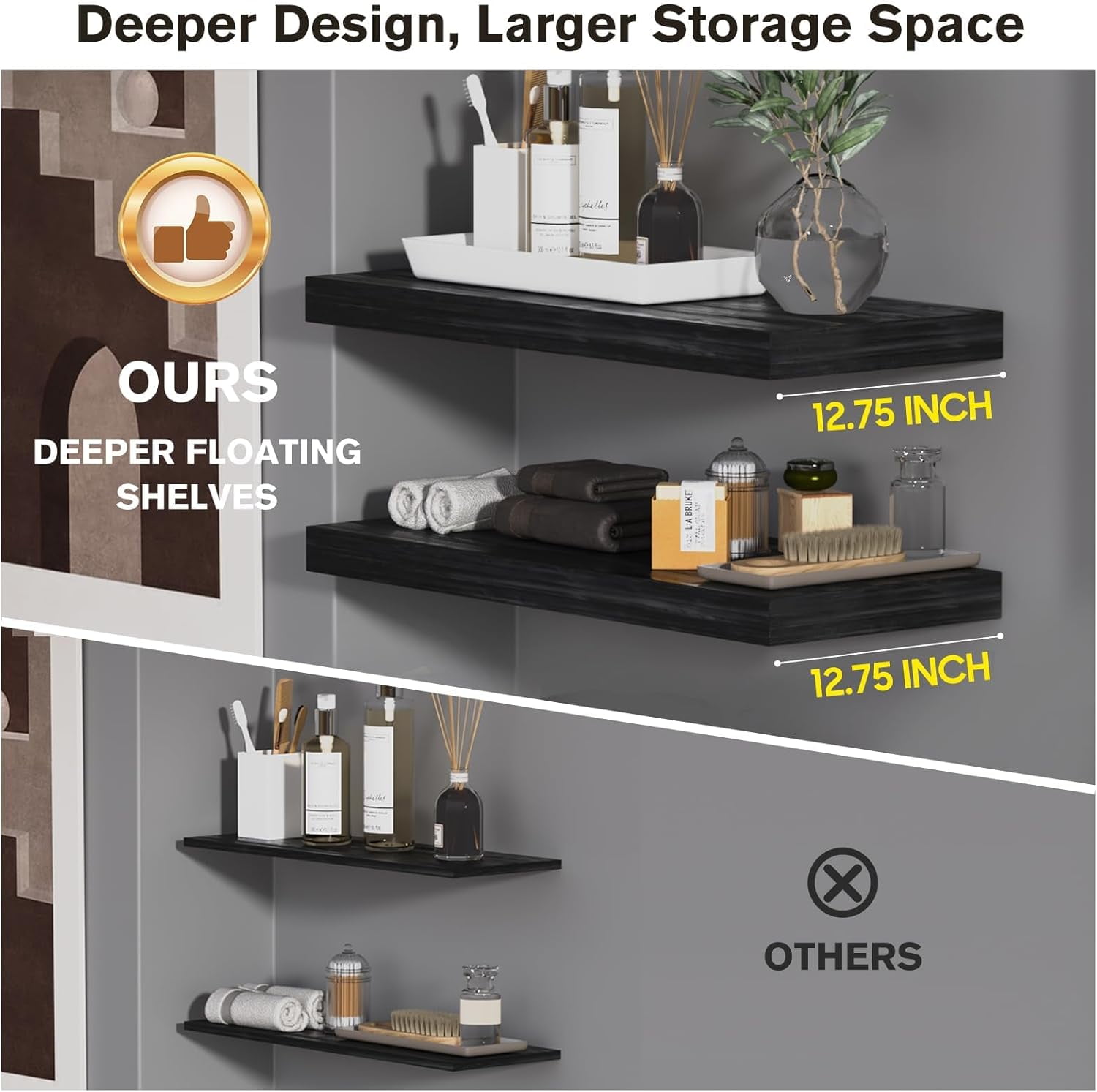 LANDMOK 12.7 Inch Deep Floating Shelf, 30 x12 Inch Large Wall Mounted Shelf for Kitchen, Bathroom, Living Room, Black (2 Pack)