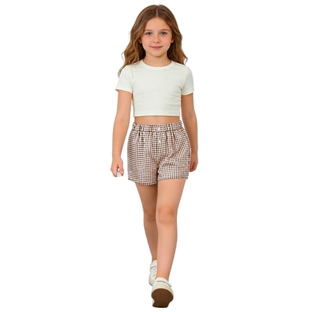 YunPes 5-14Y Girls Summer Baggy Plaided Shorts Quick-dry Jogger Shorts with Elastic Waist Kids Summer Casaul Pull-on Shorts