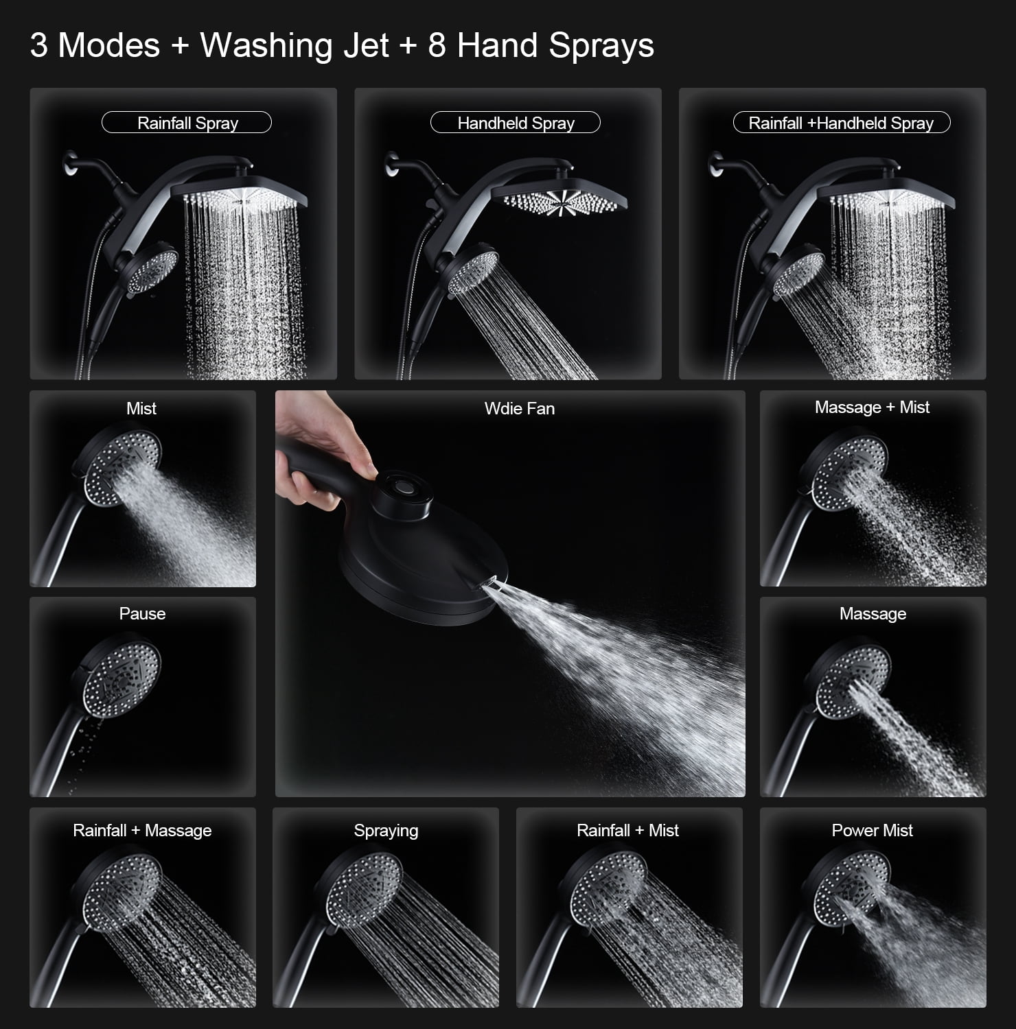 KESTE 12 Inch High Pressure Rain Shower Head with Magnetic Handheld Shower Heads, 3+8+1 Spray Setting, Detachable Showerheads with 60" Hose for Bathroom, Black
