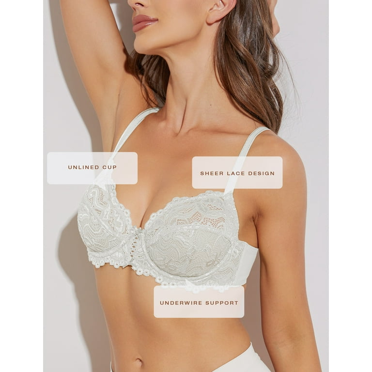 Deyllo Women's Non Padded Sheer Lace Bra Unlined Plus Size Underwire Bra,  White 44G
