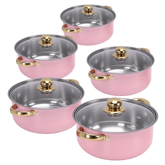 Stainless Steel Pots Sets 10-Piece, Kitchen Cookware Set Saucepan with Glass Lid Stockpot Soup Pot with 2 Ear Handle For Cooking Dishwasher , Pink