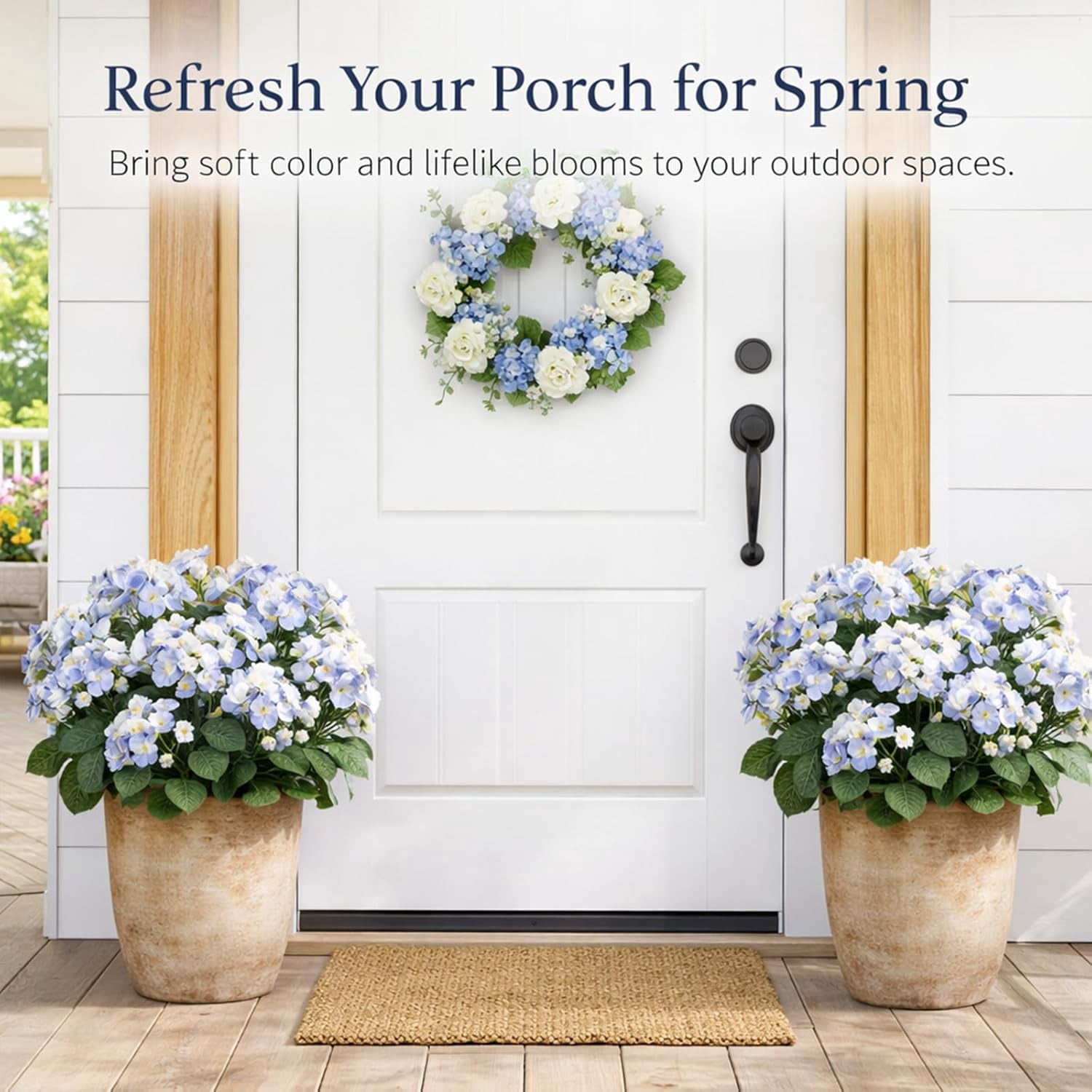 Spring Porch Refresh Hydrangea, Artificial Hydrangea Stems, Realistic Faux Flowers, UV Resistant Outdoor Floral Decor for Porch, Garden, Home and Corridor