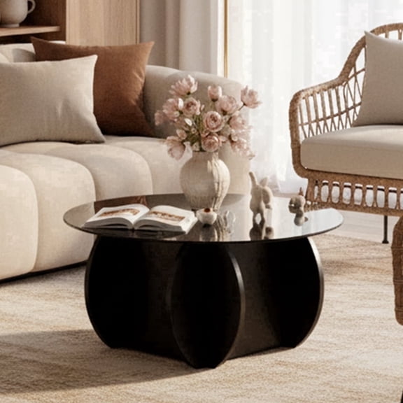 Super Store 30.7" Round Glass Coffee Table with Wooden Base, Modern Living Room Center Table,Black