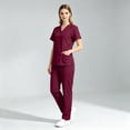 thumbnail image 2 of Scrub Sets for Woman Solid Color V-Neck Short Sleeve Long Pants Nurse Uniform with Pock Wine L, 2 of 8