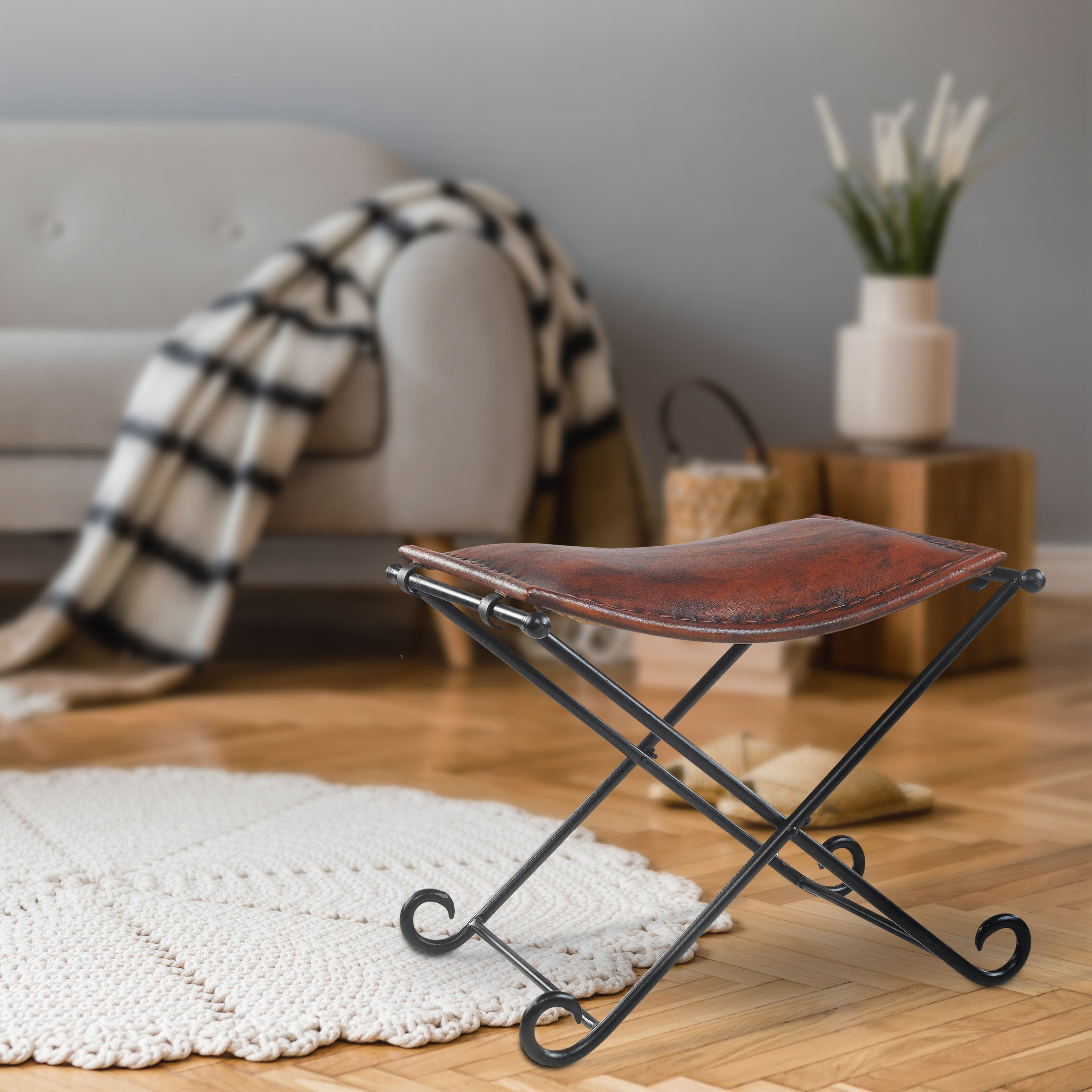 Ox Bay Bree Rustic Lodge Leather and Metal Portable Seating Stool, Brown/Black