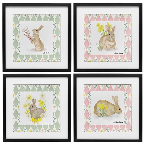 Spring Bunnies on Argyle 4 Piece Black Framed Print Under Glass Set, design by Lee Ann Sanders