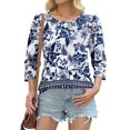 thumbnail image 3 of Womens Tops 3/4 Sleeve with Buttons Dressy Casual Blouses Summer Beach Vacation Outfits Blue XXL, 3 of 6
