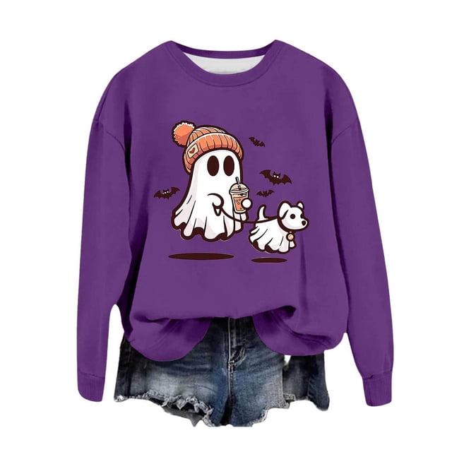 WEAIXIMIUNG Chandails en Molleton pour Femmes Coupe Ample Automne Imprimé Col Rond Pull Décontracté Manches Longues Blouse Ample