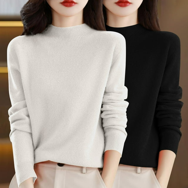 Chandail à Col Rond pour Femmes, Automne et Hiver, 2 Pcs, Couleur Unie, Doux et Confortable