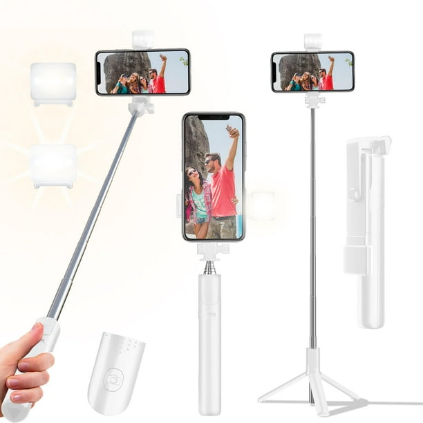 Trípode Selfie Stick, trípode retráctil de 40 pulgadas para iPhone con control remoto inalámbrico y luz, trípode portátil para fotografía, transmisión en vivo, grabación de vídeo, compatible con todos