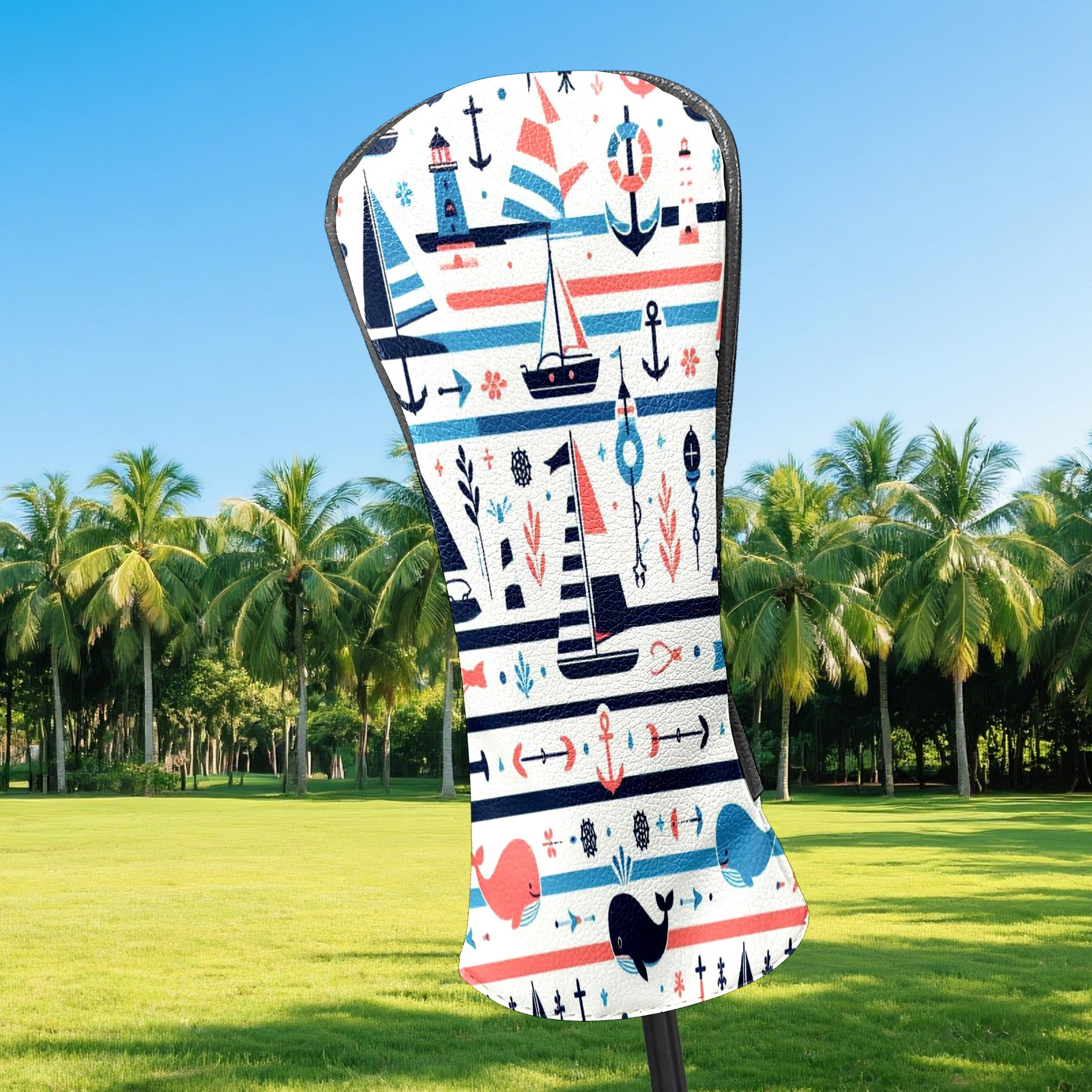 Golf Club Covers, Multicolor Nautical Icons Premium PU Leather Driver Hybrid Putter Head Covers with Velvet Lining, Waterproof Golf Gifts for Men Women