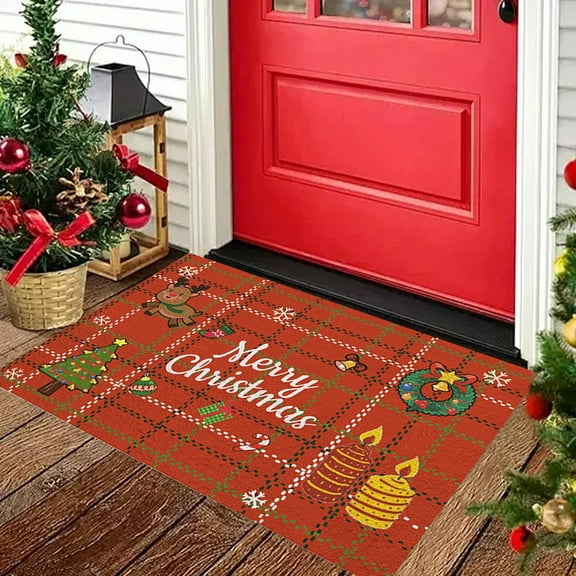 kladzum Merry Christmas Doormat Xmas Tree Printed Door Mat Household Non-Slip Floor Mats Red Christmas Theme Small Rug Entrance Carpet Mats for Holiday Party Decor Gifts, 23.6x15.7 Inches