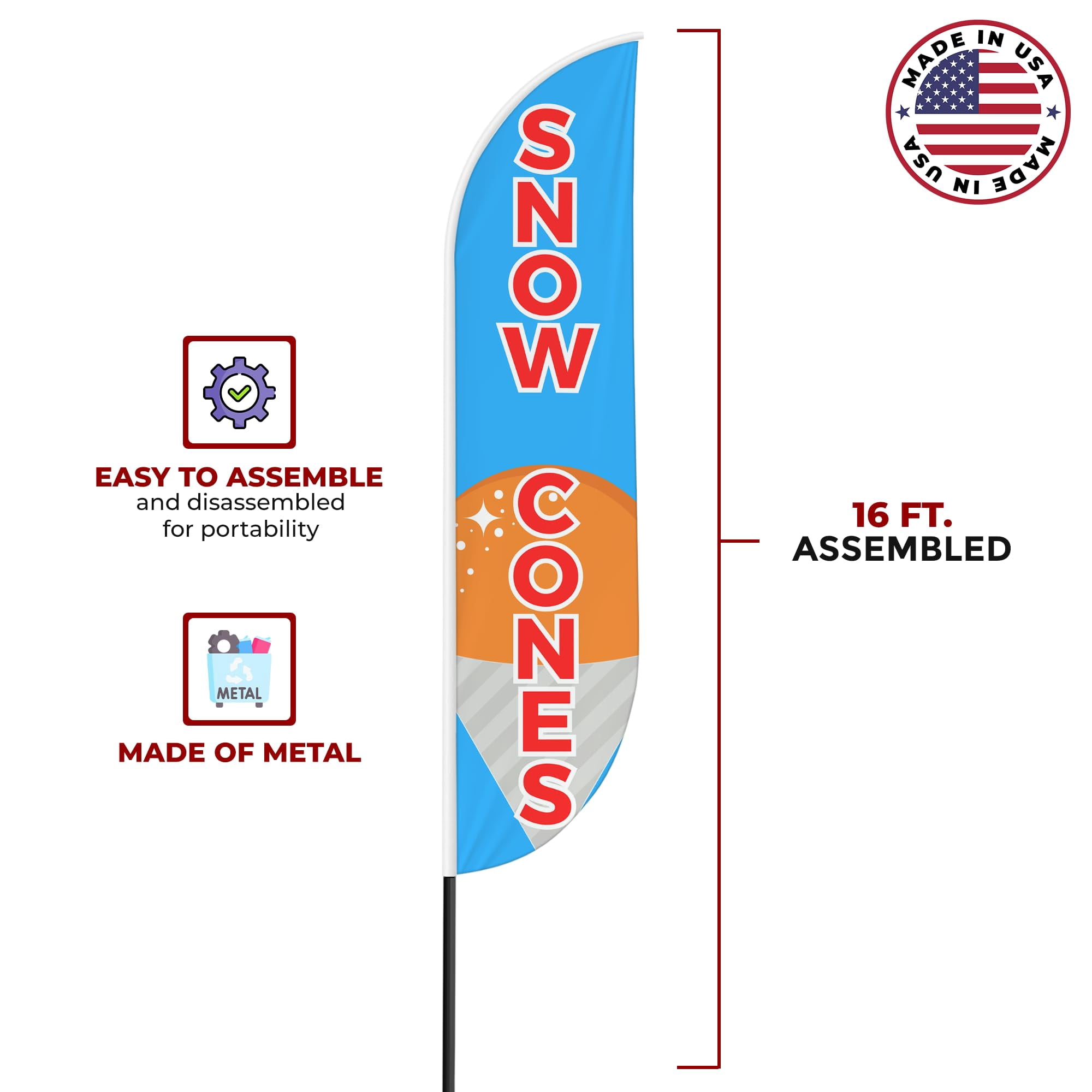 Snow Cones Sign feather flag for Outdoor by Mavis Print | 11.5 FEET Long Polyester Outdoor Banner Flag for Easy Hang | HD Print Swooper I Flag Only for Food Advertising | Made in USA I Flag Only