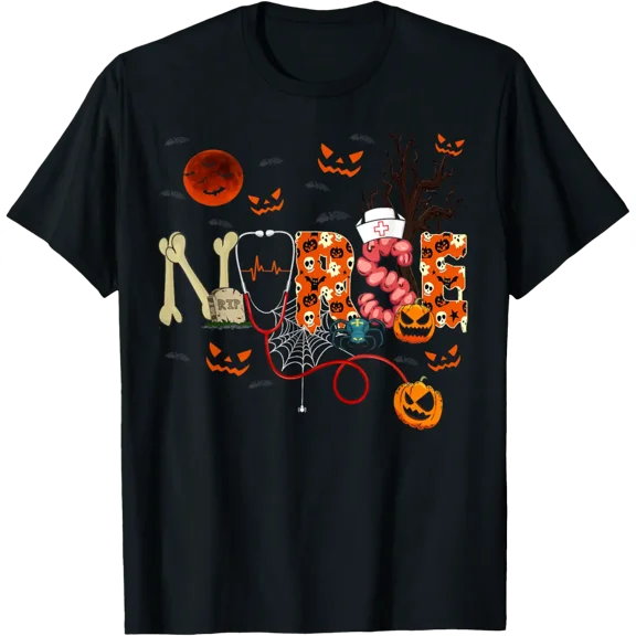 Nurse Funny Stethoscope Nurse Pumpkin Skull Lover Halloween T-Shirt Shirts
