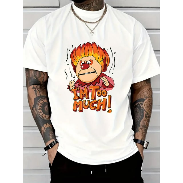 Men's 100% Cotton Cartoon & Letter Print T-Shirt - Casual Round Neck, Short Sleeve Tee for Casual Attire & Fitness - Breathable & Machine Washable