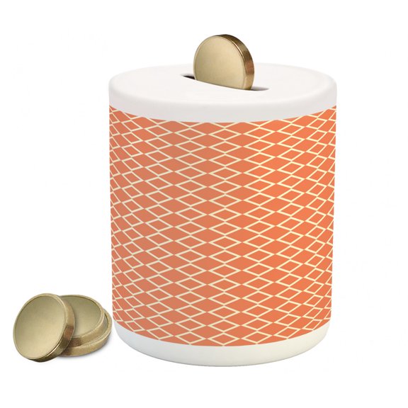 Geometric Piggy Bank, Diagonal Checkered Pattern with Squares on Orange Background Modern Geometrical, Ceramic Coin Bank Money Box for Cash Saving, 3.6" X 3.2", Orange White, by Ambesonne