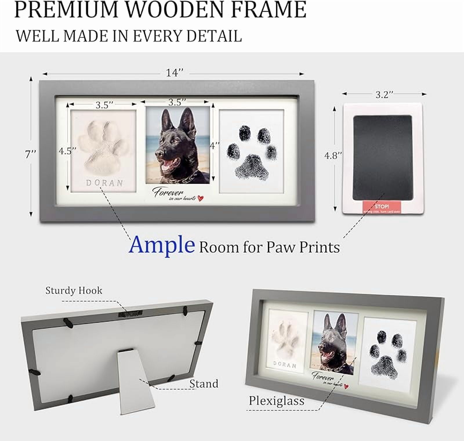 Zeokiar Paw Print Frame Kit,Dog/Cat Paw Print Kit,Soft Pawprint Clay&Clean Touch Ink Pad,Pet Paw Print Impression Kit with Customization Tool,Wooden Pet Memorial Frame,DIY Dog Lover Gifts