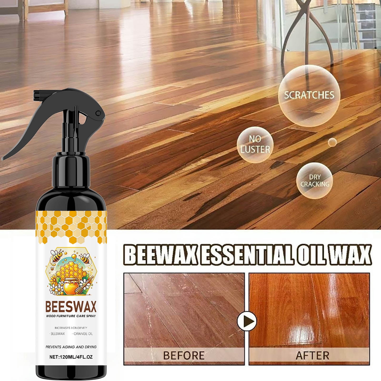 Meottam 2 Pack Natural Beeswax Spray Furniture Polishes, The Micro Molecularized Beewax Care Restorer For Furniture Floor, for Furniture, Floor, Tables, Cabinets (4 fl oz)