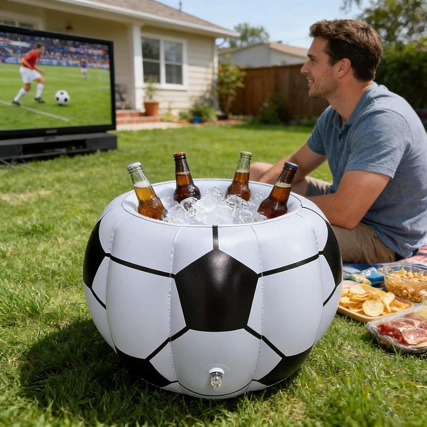 Inflatable Soccer Cooler Ice Bucket, Reusable Portable Drink Container for Football Tournament Beach Birthday Pool Party Decoration (40x52cm)