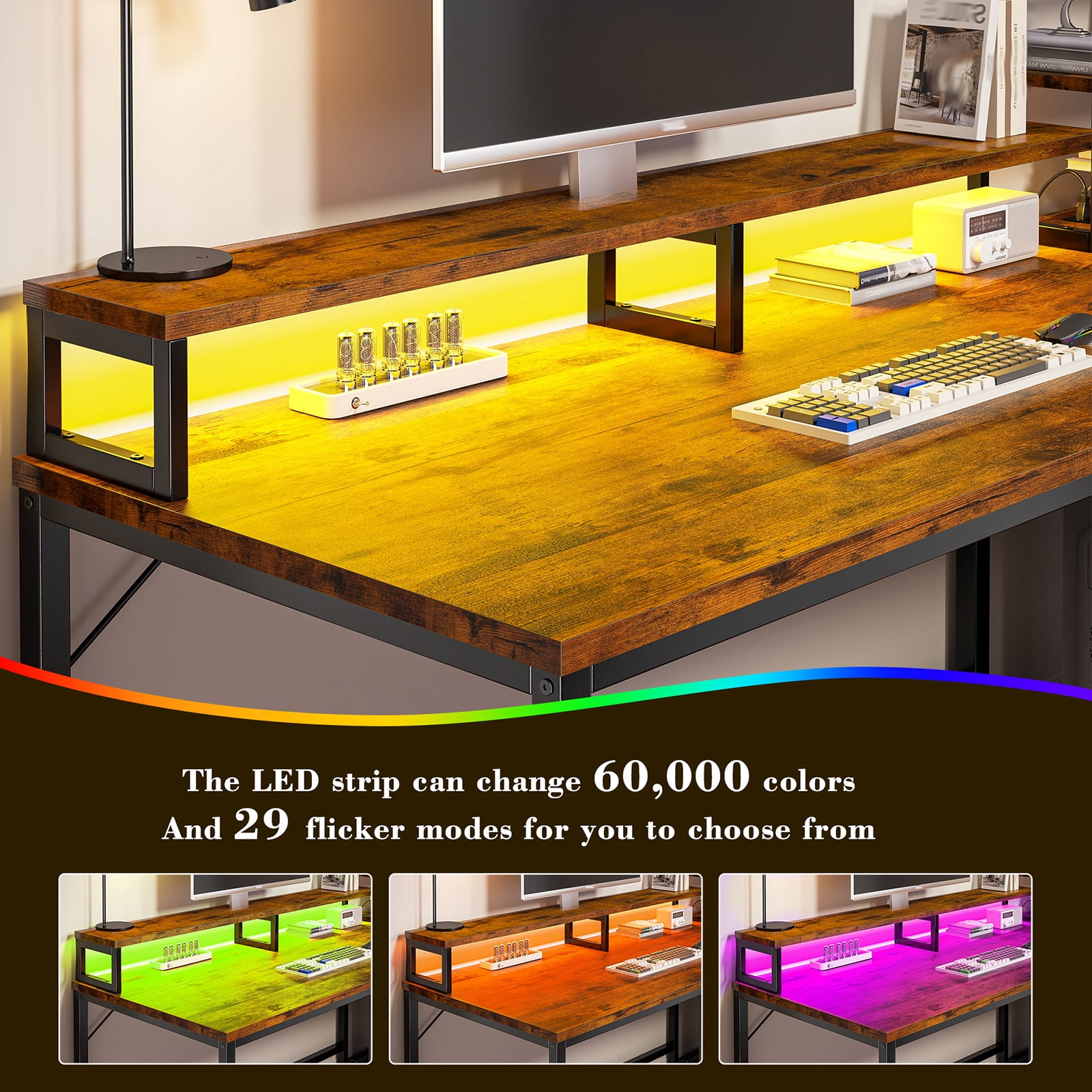 Romorgniz 44"W Computer Desk with Hutch, Gaming Desk with LED Lights & Power Outlets, Small Desk with Drawer and Monitor Stand, Writing Desk for Home Office, Rustic Brown