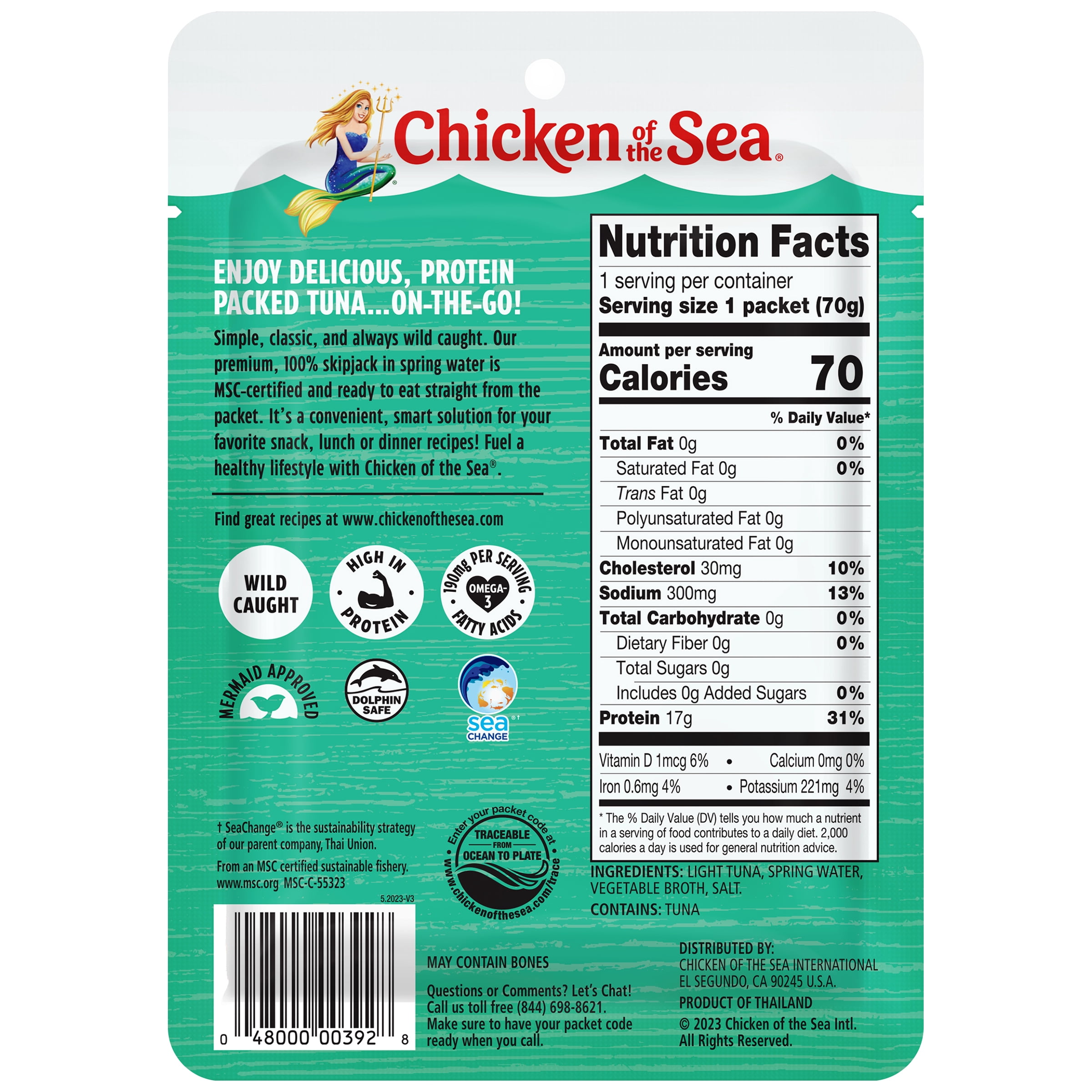 (12 pack) Chicken of the Sea Wild Caught Light Tuna in Spring Water Packet 2.5 oz