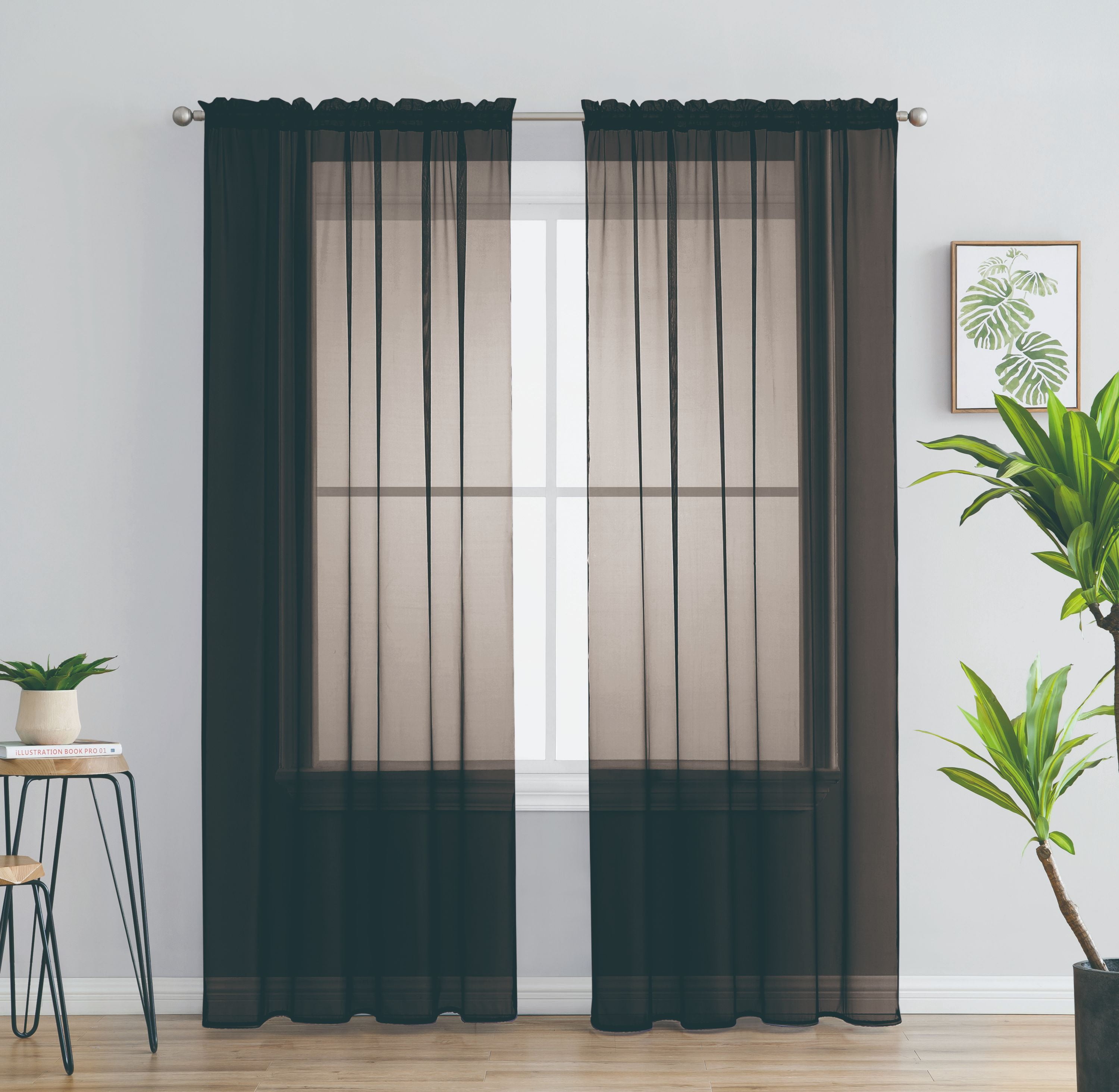 2 Piece Solid Rod Pocket Sheer Window Curtains Sheer Black Curtains ...